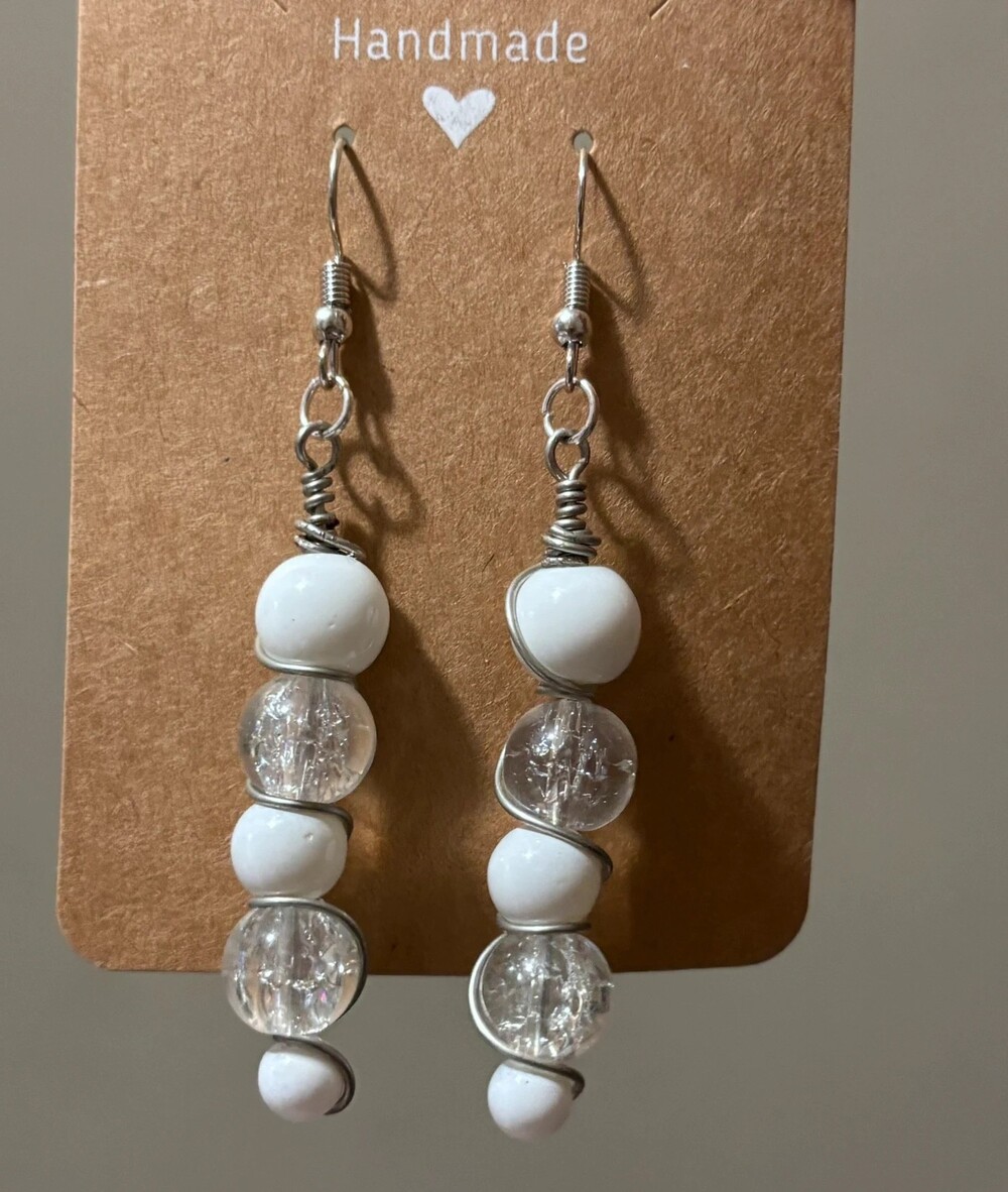Handmade Wire Wrapped White & Crackle Glass Dangle Earrings